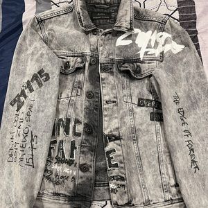 Zara Mens Medium Gray Denim Graffiti Jacket